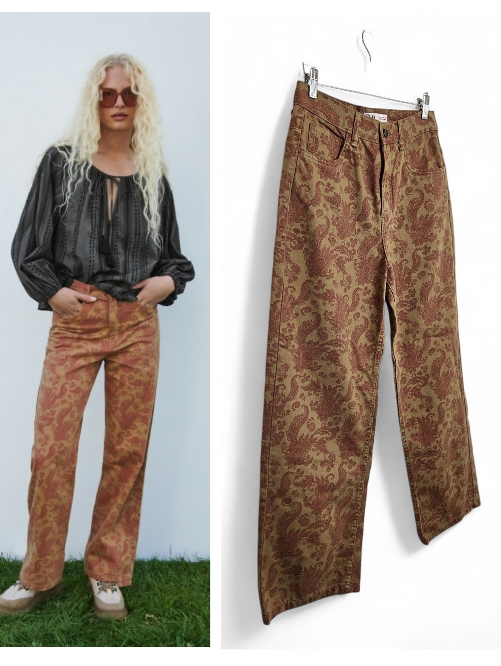 Zara Straight Cut Paisley Printed Jeans Women's Medium High Rise Wide Leg